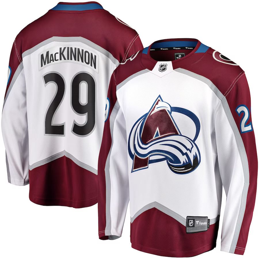 Men Colorado Avalanche #29 Nathan MacKinnon Fanatics Branded White Away Premier Breakaway Player NHL Jersey